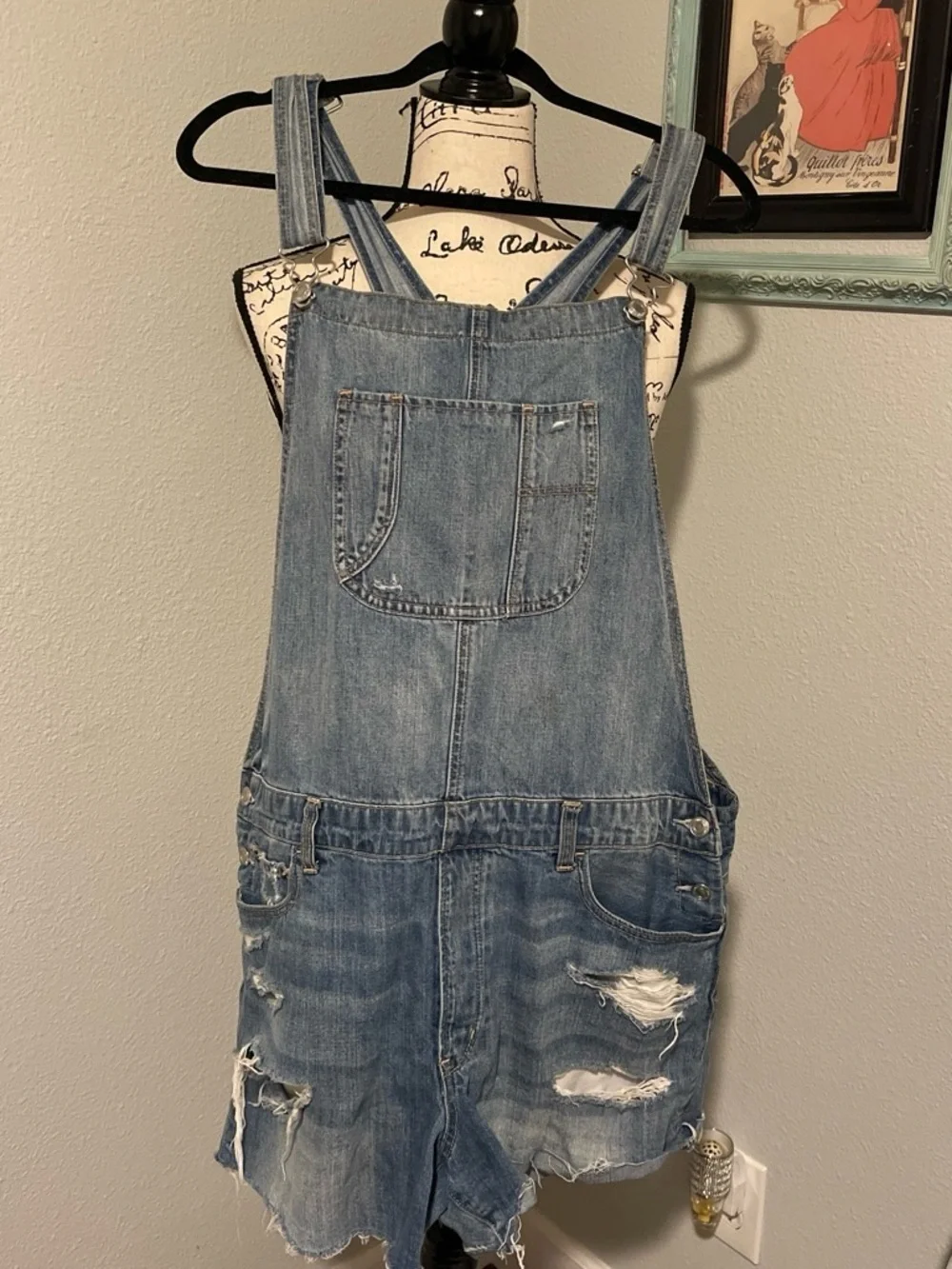 American Eagle Outfitters Light Blue Distressed Denim Short Overalls